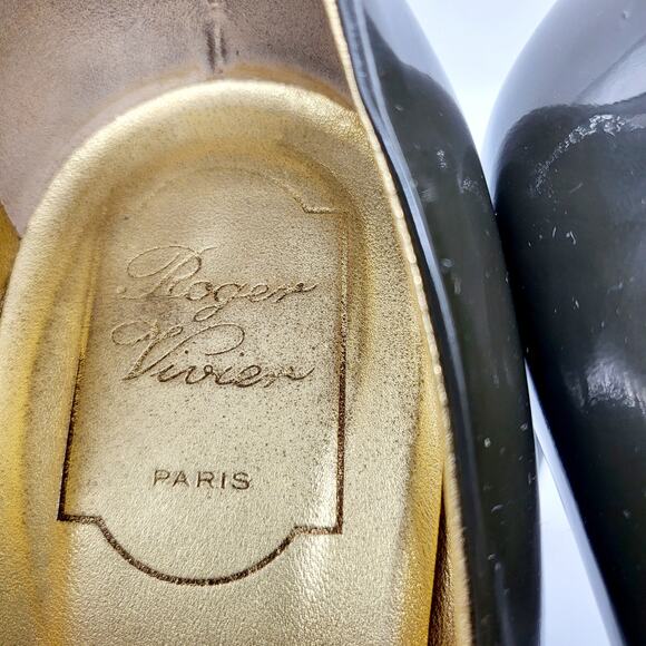 ROGER VIVIER Forrest Green Gold Patent Leather Heel Made in Italy Sz 39.5 US 8.5 - Picture 10 of 13